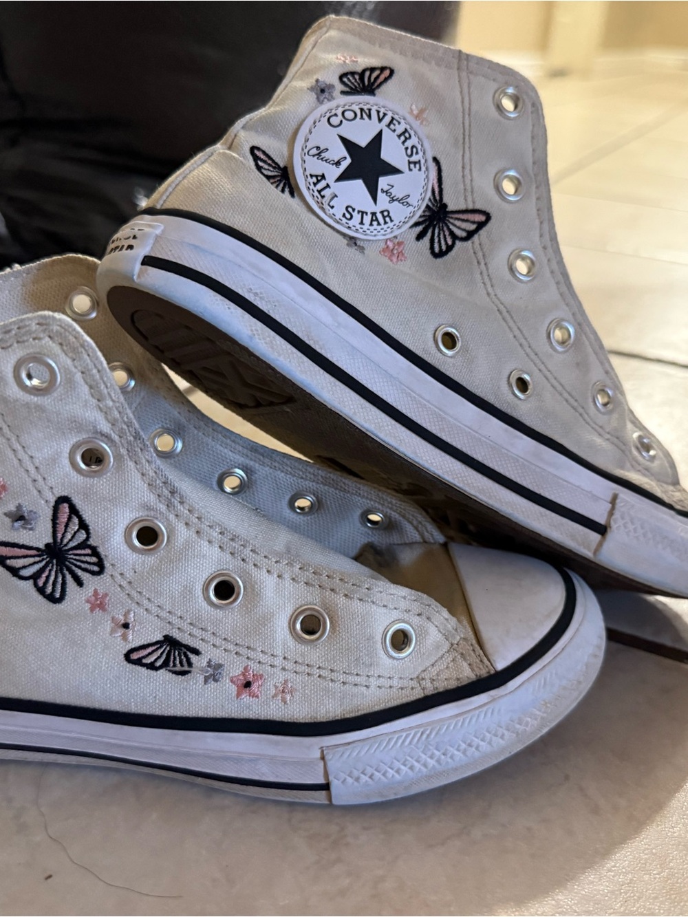 Converse Kids White High Top Sneakers with Pink & Black Butterfly Embroidery